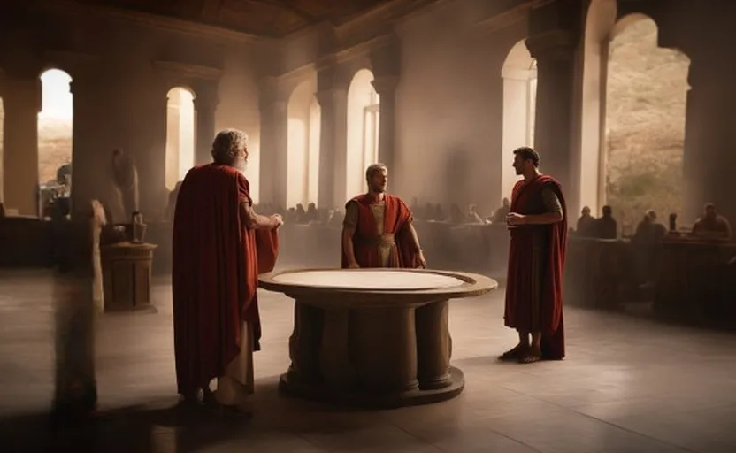 a group of men standing around a table in a room