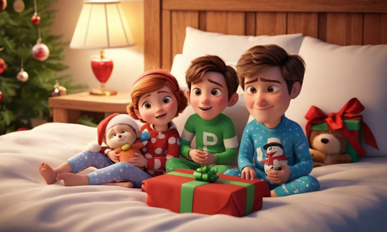 a group of people sitting on top of a bed next to a christmas tree, Cartoon, Pixar, pixar style, 3d, 3d render, super realistic, Pixar movie, fantastic, illustration, Christmas, new year, winter, snow