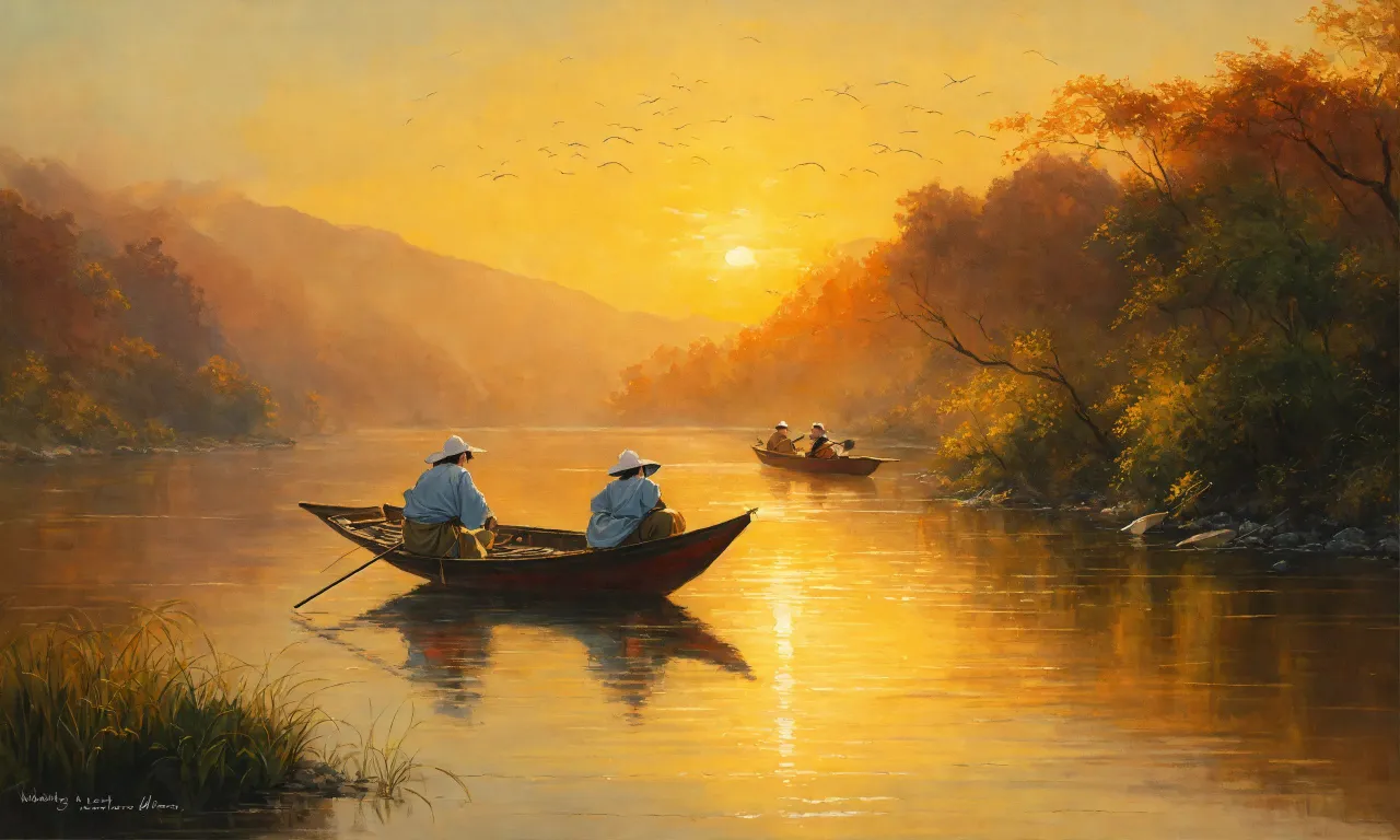 a painting of two people in a boat on a river