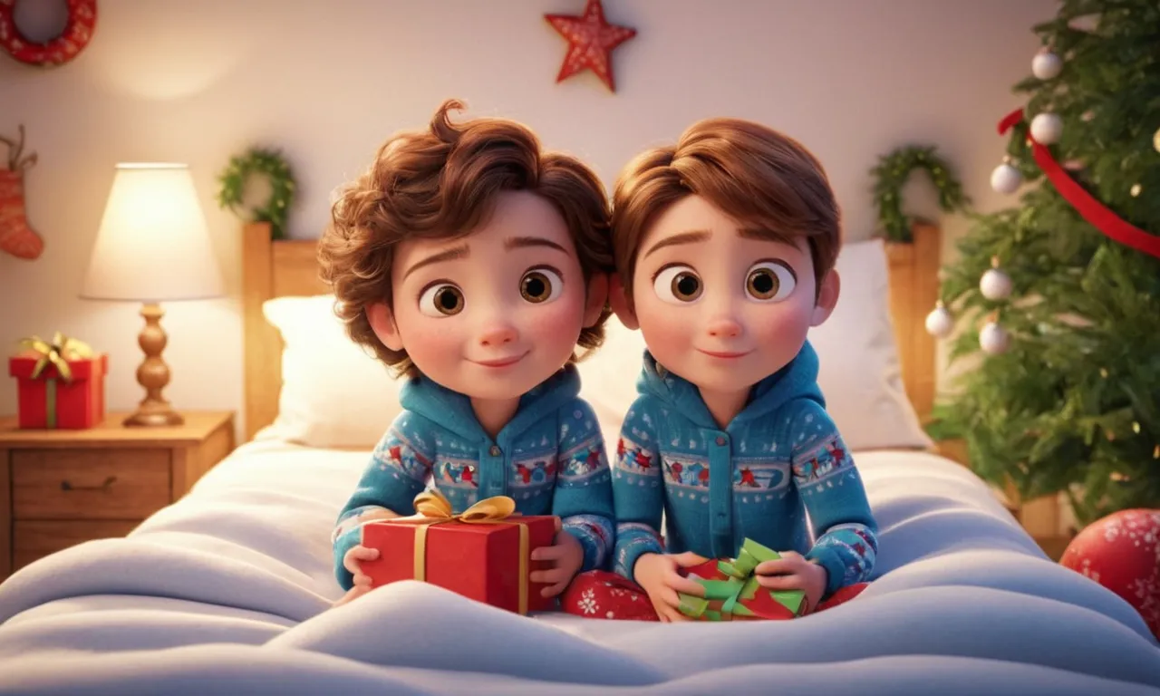 a couple of kids sitting on top of a bed, Cartoon, Pixar, pixar style, 3d, 3d render, super realistic, Pixar movie, fantastic, illustration, Christmas, new year, winter, snow