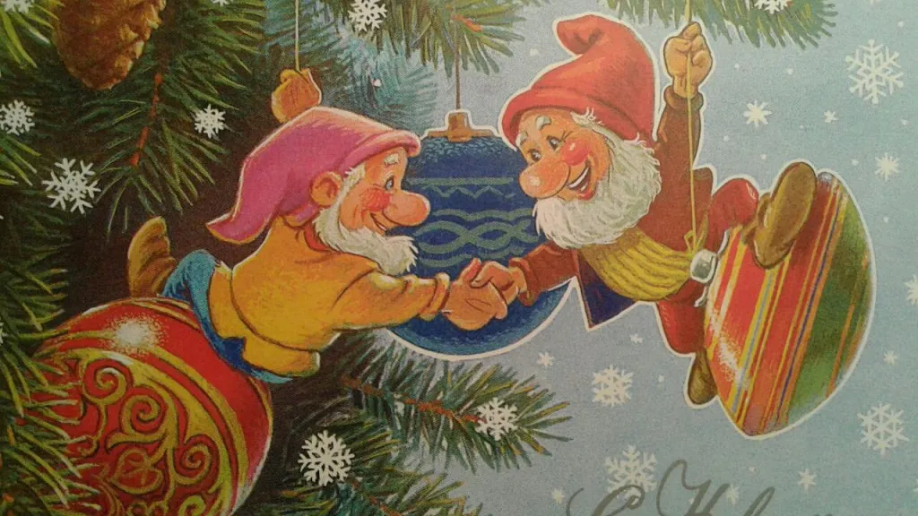 a painting of two gnomes hanging from a christmas tree