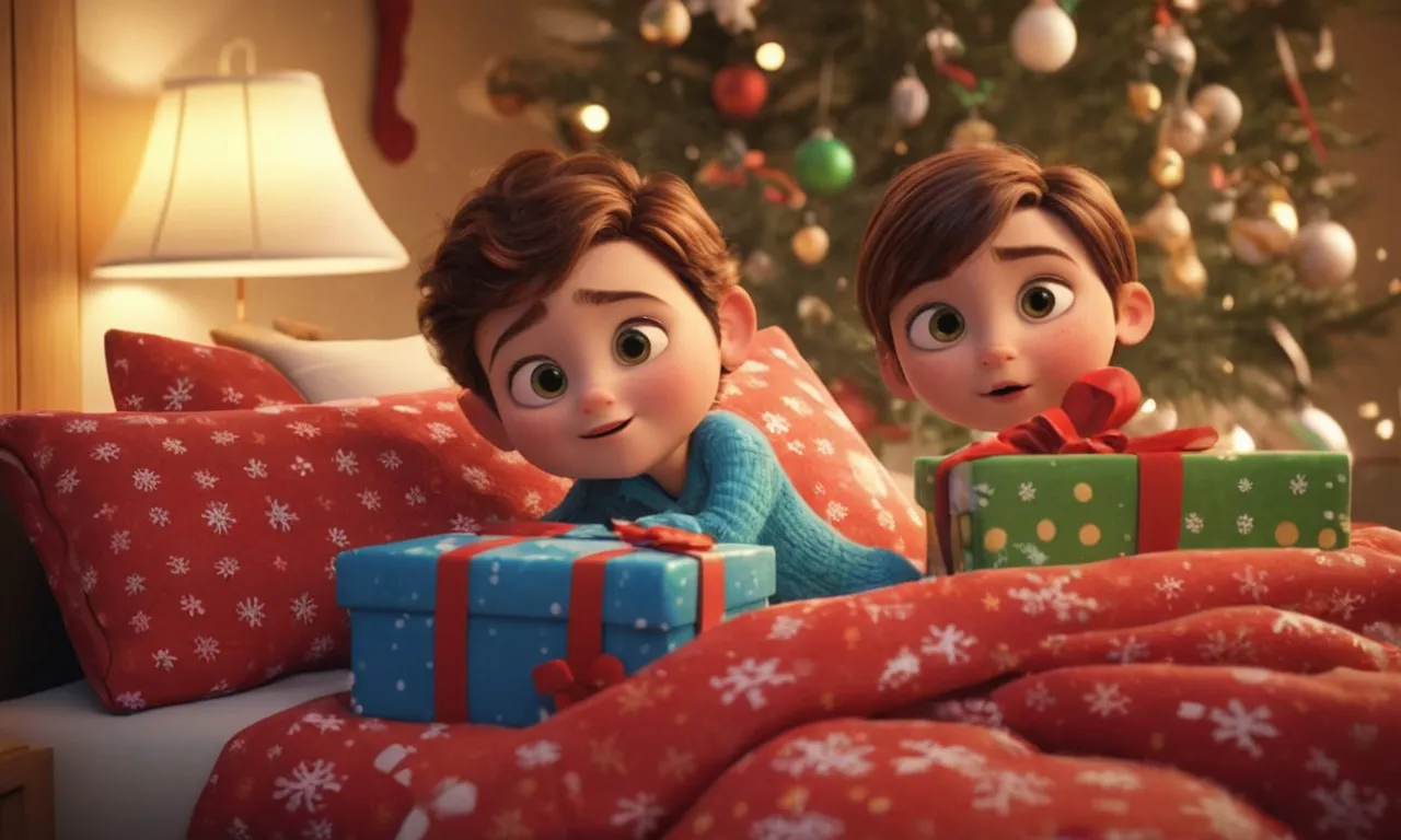 a couple of kids laying on top of a bed under a christmas tree, Cartoon, Pixar, pixar style, 3d, 3d render, super realistic, Pixar movie, fantastic, illustration, Christmas, new year, winter, snow