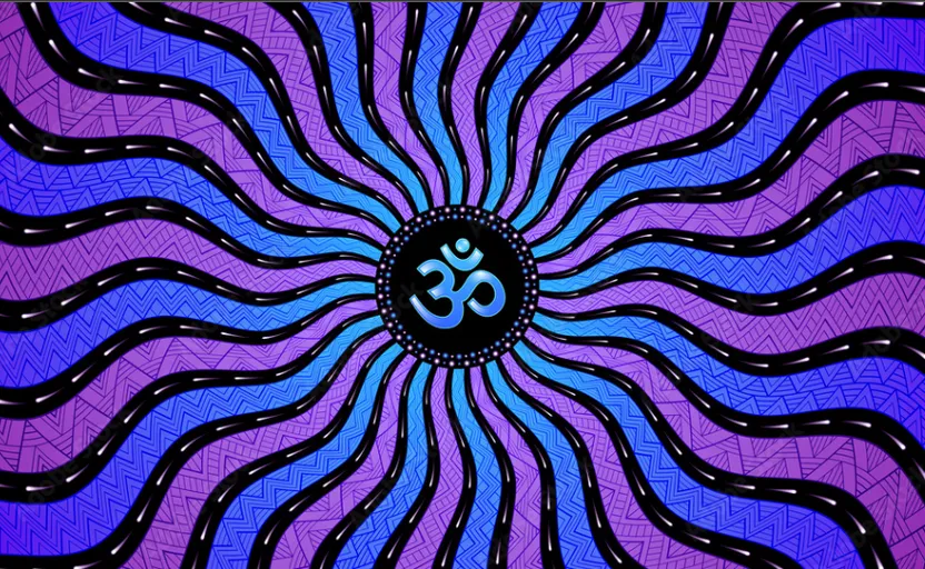 a purple and blue background with an om shan symbol. art, symmetry, electric blue, pattern, magenta, visual arts, circle, science