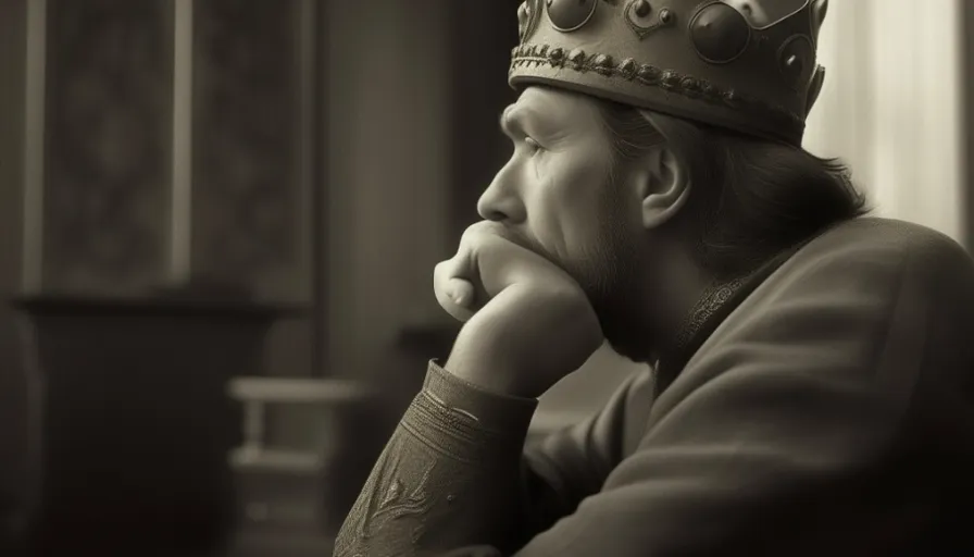a black and white photo of a man wearing a crown