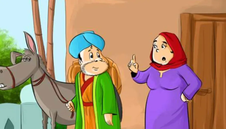 a cartoon of a man and a woman standing next to a donkey