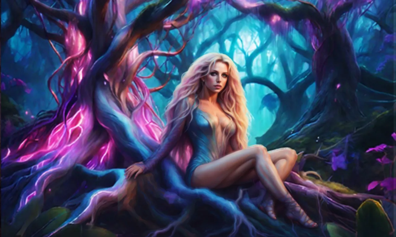 Highly detailed Hyper realistic Britney Spears as an enchanting sexy stunning forest creature with a ultra realistic face and hyper detailed symmetrical eyes and impressive pastel purple straight hair, Tim Burton directed music video set in a magical forest, 8k octane render, as realistic as possible, cinematic, intricate neon lighting, masterpiece