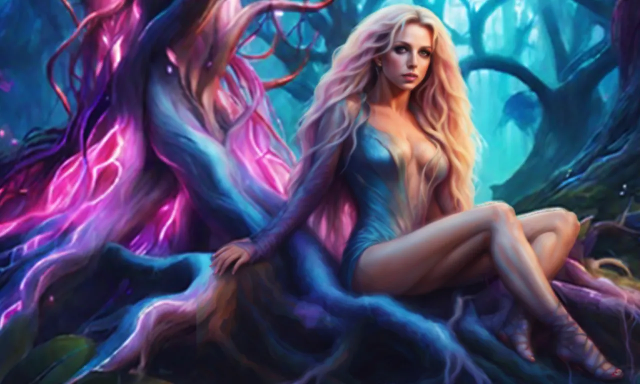 “Britney Spears as an enchanting stunning forest creature with hyper detailed eyes and impressive pastel purple hair, Tim Burton directed music video set in a magical forest, 8k octane render, as realistic as possible,”