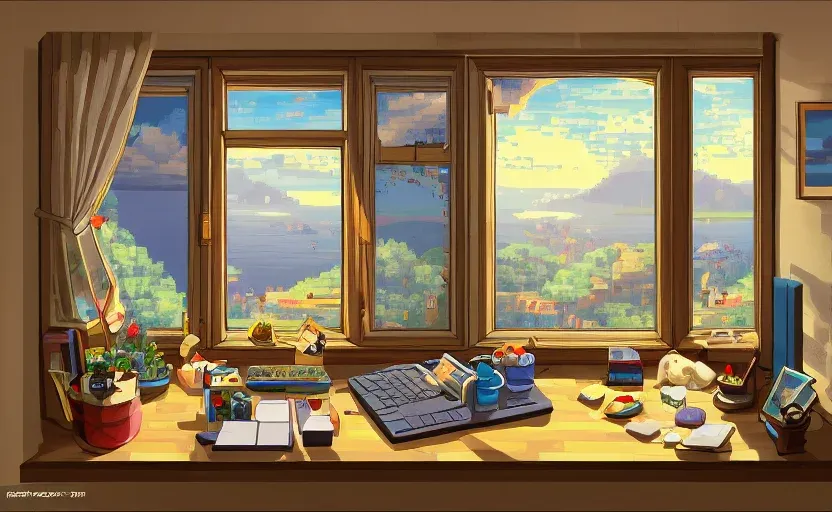 a painting of a desk with a book and computer. plant, table, property, window, houseplant, interior design, flowerpot, wood, shade, living room