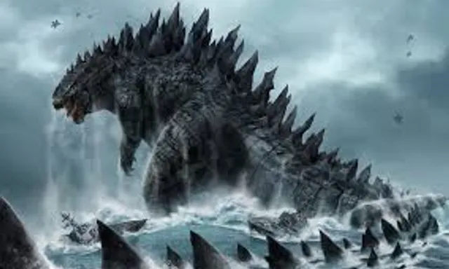 a large group of godzillas in the ocean