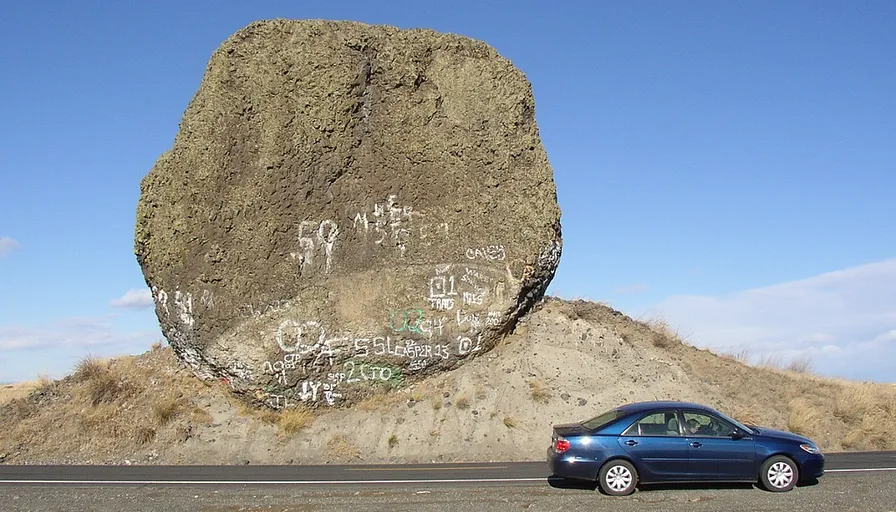 a car parked in front of a large rock