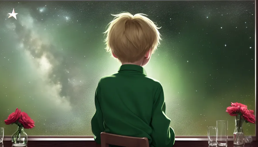 a painting of a boy sitting at a table looking out a window