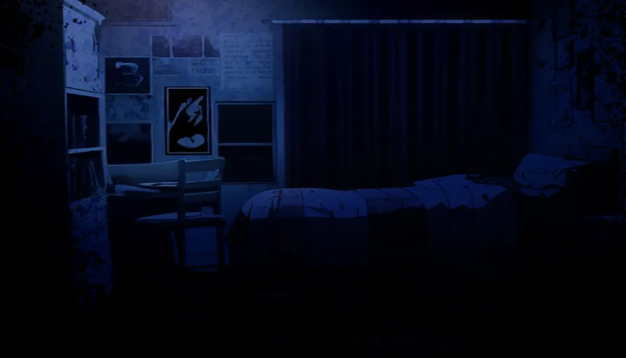 a dark room with a bed and a desk