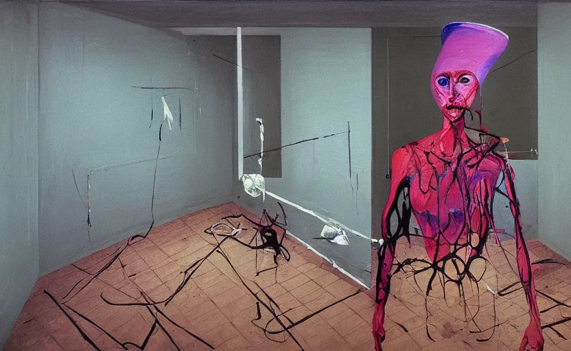 a painting of a human being surrounded by wires