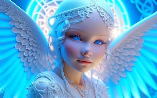 a white angel with blue eyes and wings