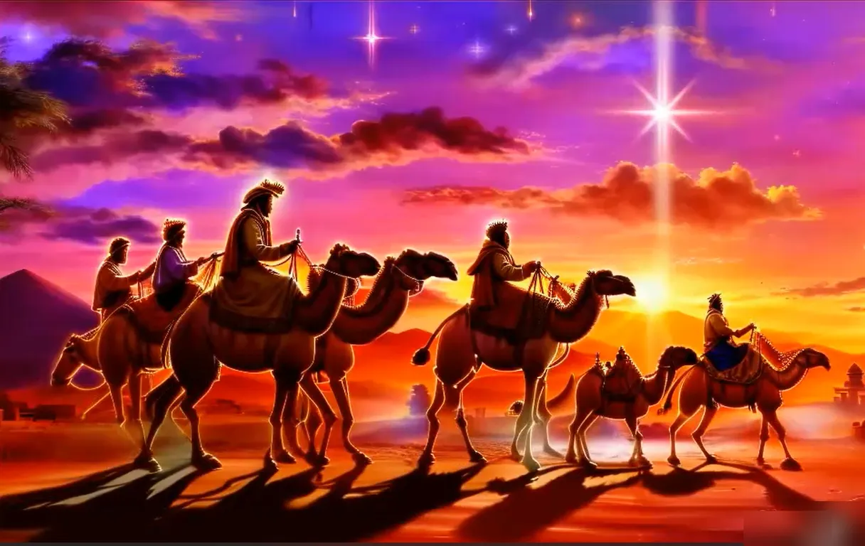 a group of people riding camels across a desert ASPECT RATIO OF 76 BY 10 FEET