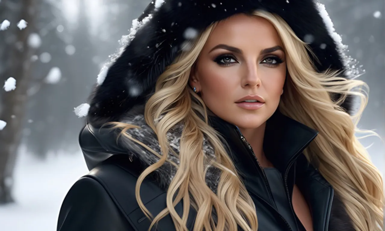 Highly detailed and ultra realistic beautiful Britney Spears in a stunning black fur winter coat and hat, beautiful and detailed face with impressive detailed realistic brown Smokey eyes, impressive straight hair blowing in the wind, epic beautiful winter wonderland, intricate and detailed landscape, cinematic, 8k octane render, intricate and detailed character render, atmospheric cinematic lighting, highest quality, UHD, masterpiece, iconic,