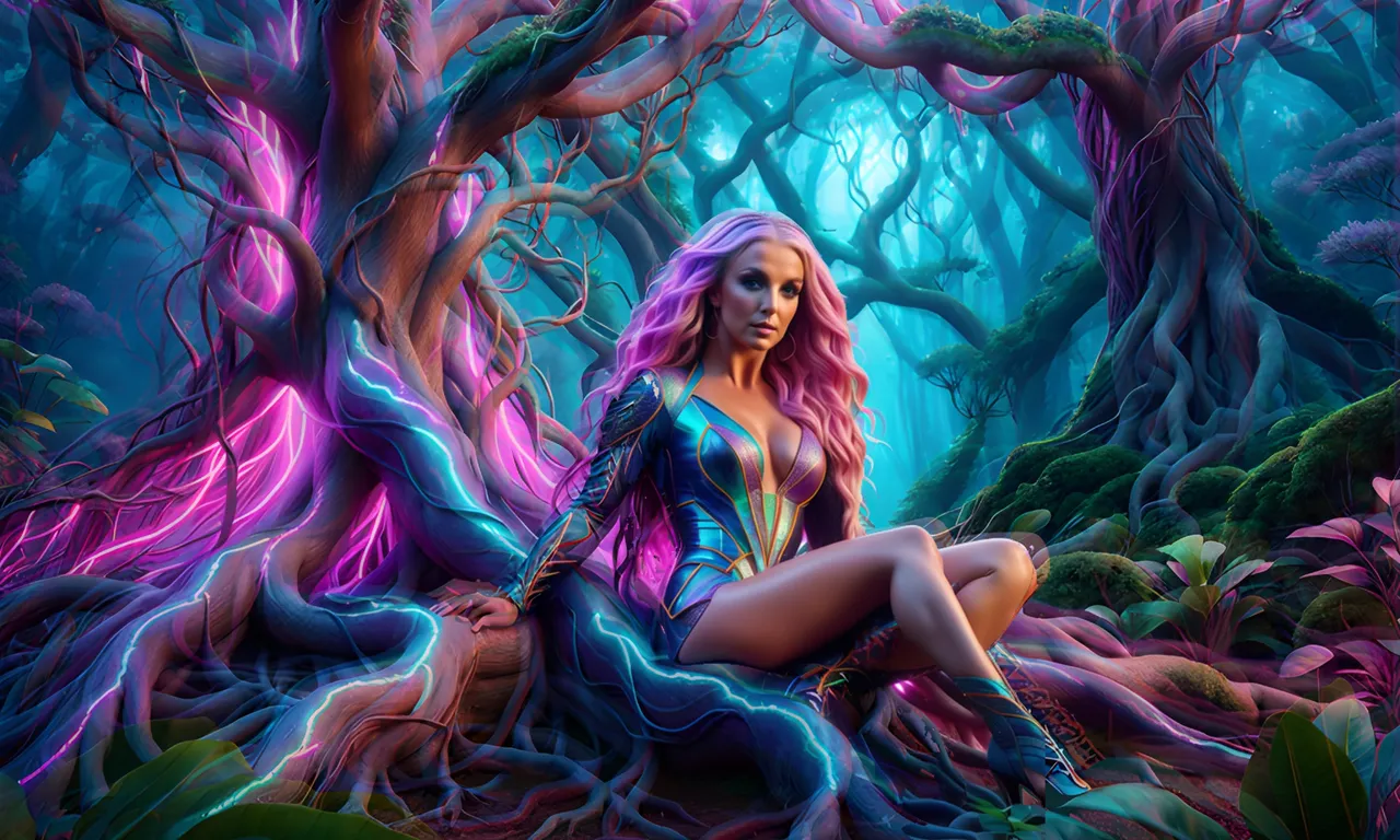 “Highly detailed and Hyper realistic Britney Spears as an enchanting stunning forest creature with a ultra realistic face and hyper detailed eyes and impressive pastel purple straight hair that’s blowing in the wind, Tim Burton style environment, music video set in a magical forest, 8k octane render, realistic as possible, cinematic, intricate neon lighting,”