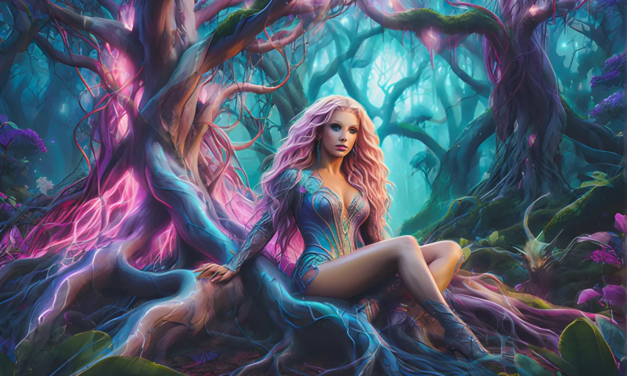 “Highly detailed and Hyper realistic Britney Spears as an enchanting stunning forest creature with a ultra realistic face and hyper detailed eyes and impressive pastel purple straight hair that’s blowing in the wind, Tim Burton style environment, music video set in a magical forest, 8k octane render, realistic as possible, cinematic, intricate neon lighting,”