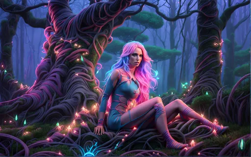 Highly detailed hyper realistic Britney Spears as a stunning intricate and detailed surreal almost naked fantasy creature covered in roots and connected to all tree’s in a beautiful forest with pastel neon coloring and lighting, impressive pastel purple straight hair, ultra detailed face and symmetrical intricate brown Smokey eyes, 8k octane render, as real as possible, masterpiece, musicvideo landscape, UHD, 16k, 32k, 