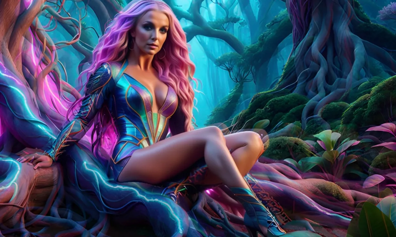 Highly detailed and hyper realistic Britney Spears as a intricate and detailed stunning fantasy creature covered in roots and connected to tree’s in a beautiful magical forest with pastel neon coloring and lighting, impressive pastel purple straight hair blowing in the wind, ultra detailed face with gorgeous make-up and symmetrical intricate brown realistic eyes, 8k octane render, as real as possible, beauty shot, masterpiece, musicvideo landscape, magical, epic,