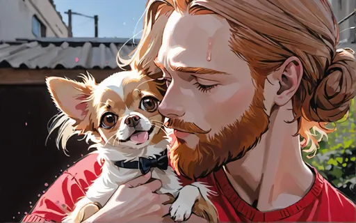 “European long haired Ginger guy in his mid 30’s with his long ginger hair in a bun, trimmed beard, holding his small dog (chihuahua), true love! 8k octane render, concept art, cinematic, intricate and detailed outdoors environment, ultra detailed face with realistic and detailed grey eyes that look into the camera,  hunk, masterpiece, Tim burton style, a painting of a man holding a small dog