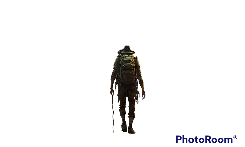a person with a backpack walking away from the camera. working animal, font, recreation, landscape, fictional character, logo, shadow, pack animal, wildlife, terrestrial animal
