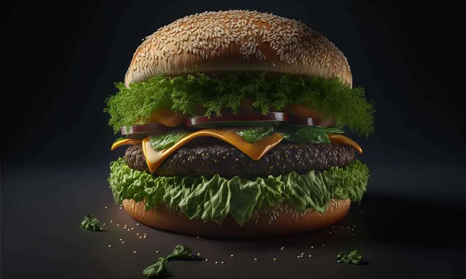 a hamburger with lettuce and cheese on it. food, sandwich, bun, ingredient, staple food, fast food, cuisine, hamburger, dish, baked goods