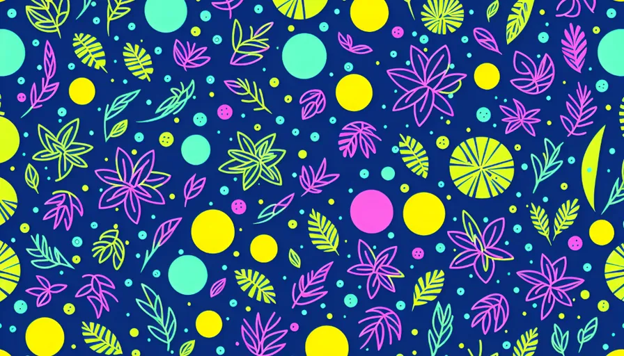 a blue background with colorful leaves and dots