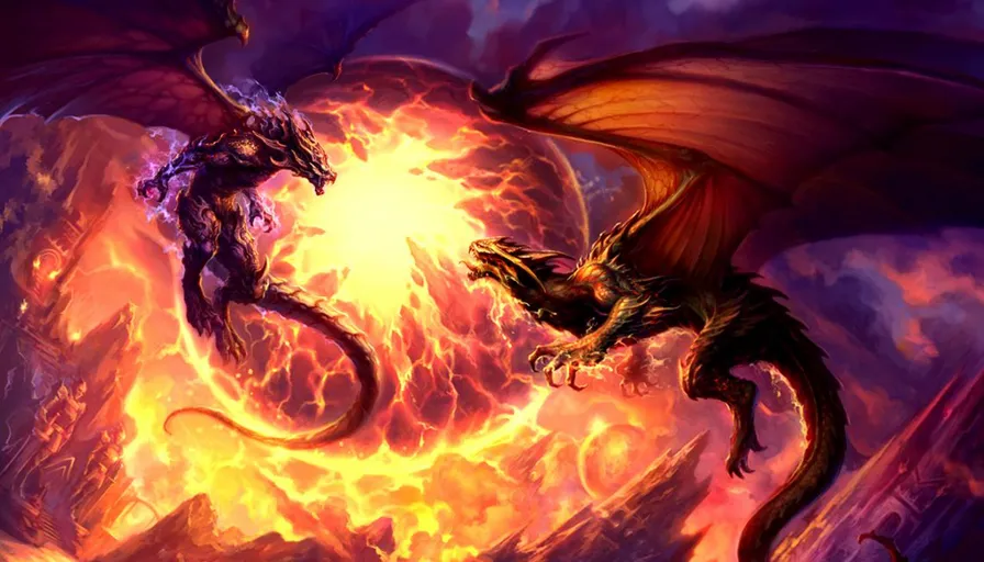 a dragon and demon fighting over an egg, with fire in the background. Make the dragon the demon and the fireball the dragon's egg