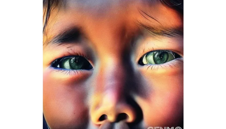 a close up of a child's face with green eyes