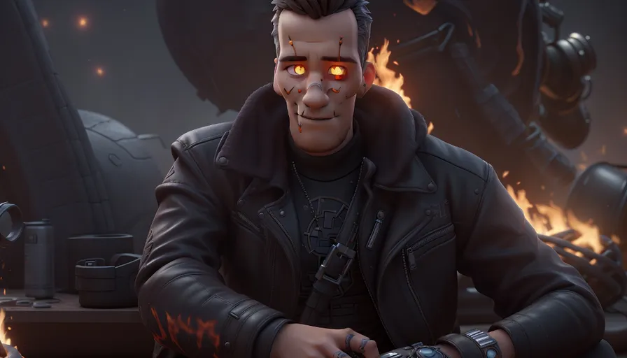 a man in a leather jacket with glowing eyes