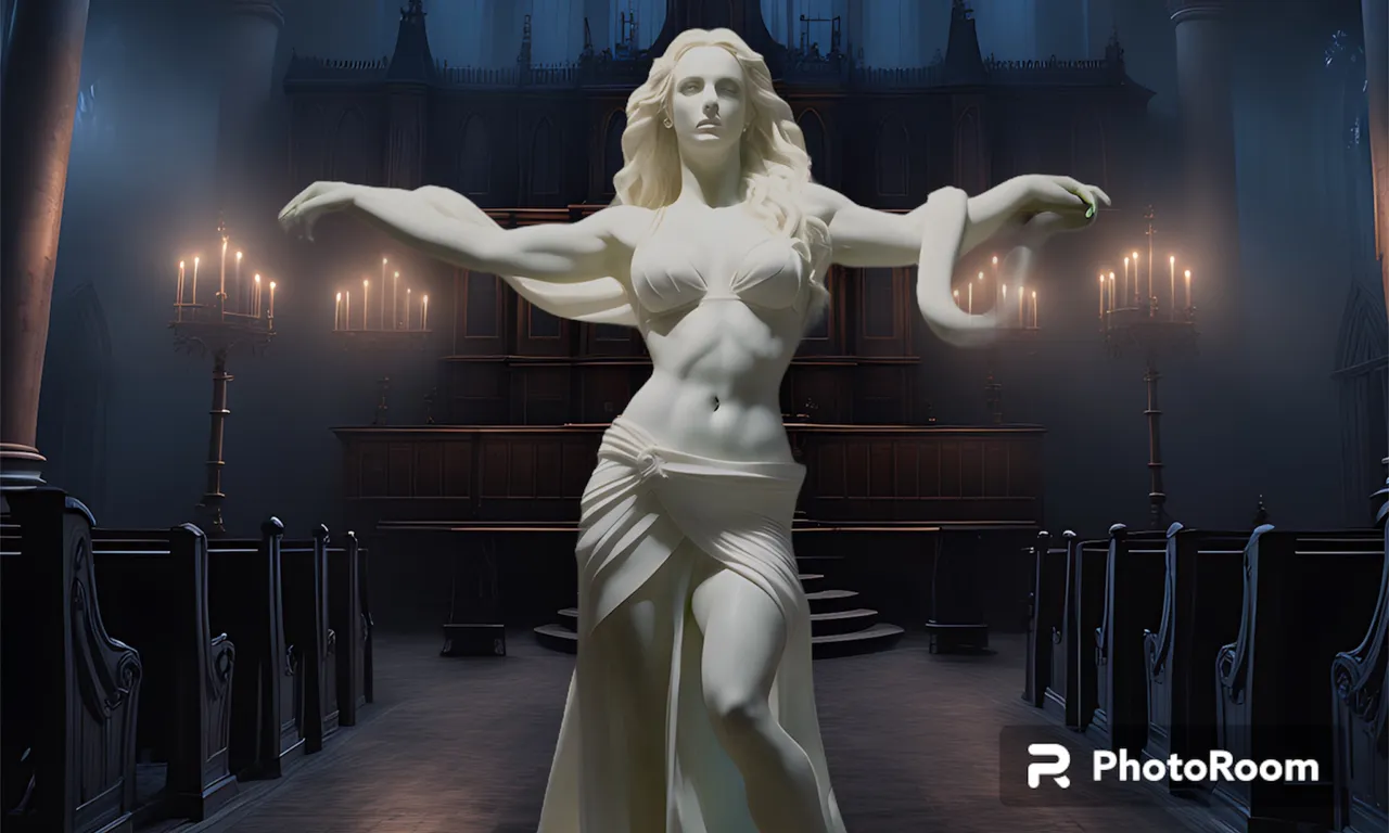 Epic stone statue of a highly detailed stunning Britney Spears holding a python snake inside a dark Victorian era church, dark mysterious vibe, impressive lighting, intricate and detailed, 8k octane render,”