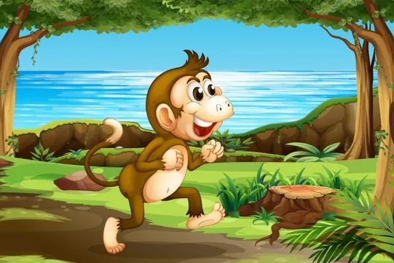 a monkey running in the woods near the water