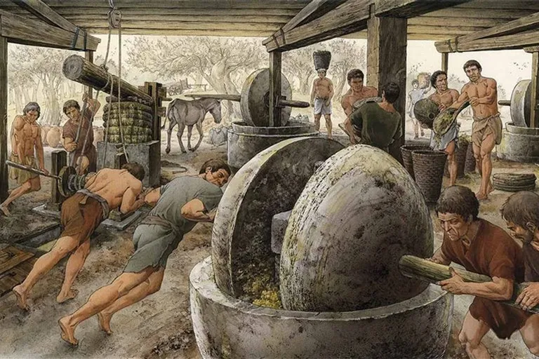 a painting of a group of men working in a factory