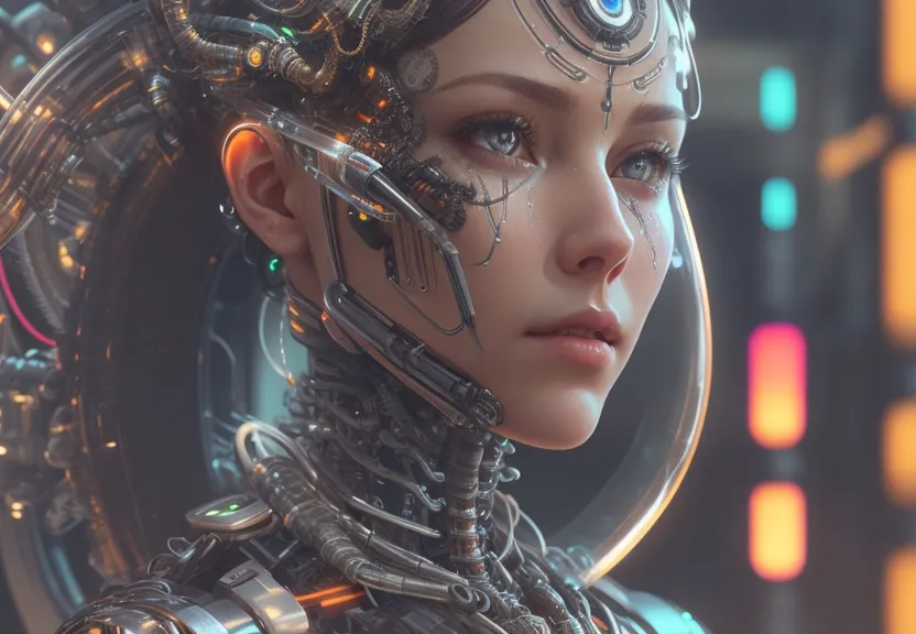 a beautiful woman turning her head to look at the camera, her futuristic head from the original uploaded image, with lights flowing slowly through the transparent tubes