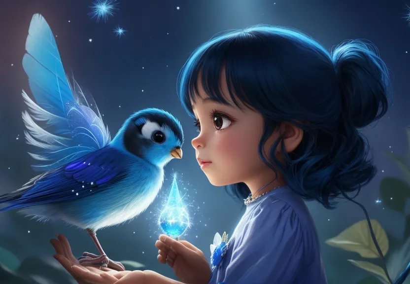 a little girl holding a blue bird in her hand