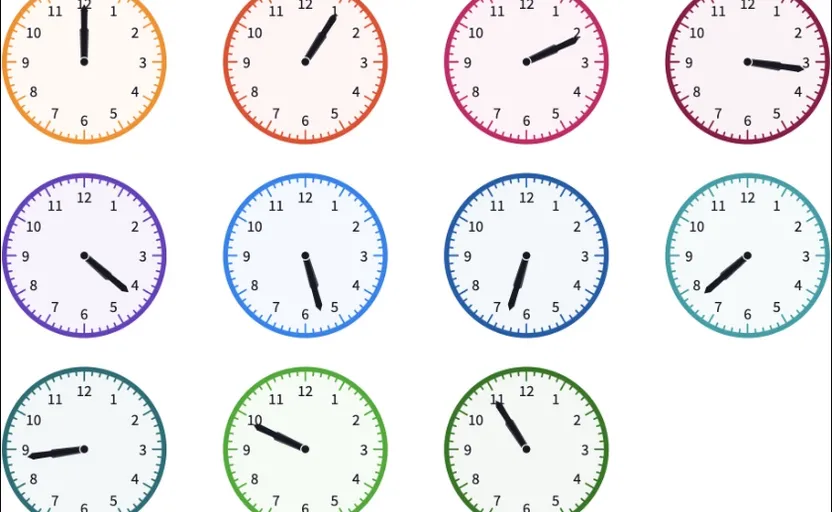 a set of nine clocks with different time zones. photograph, white, blue, light, watch, clock, pink, font, quartz clock, material property