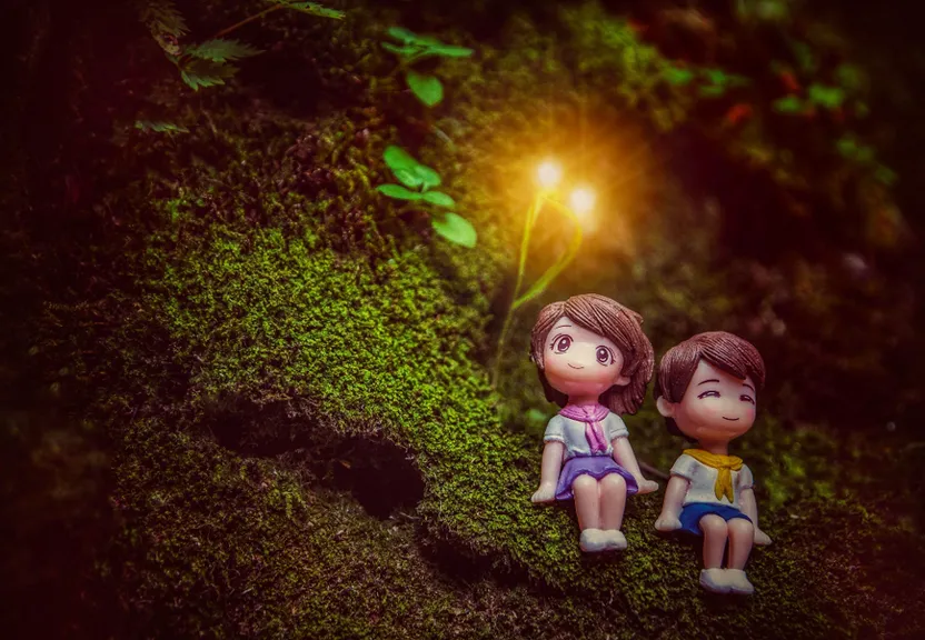 a couple of figurines sitting on top of a moss covered ground