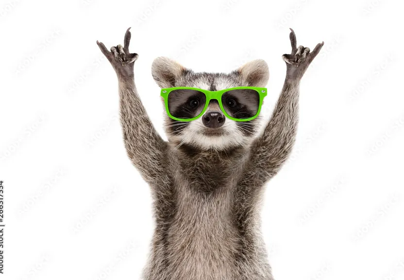 a raccoon wearing green sunglasses and waving