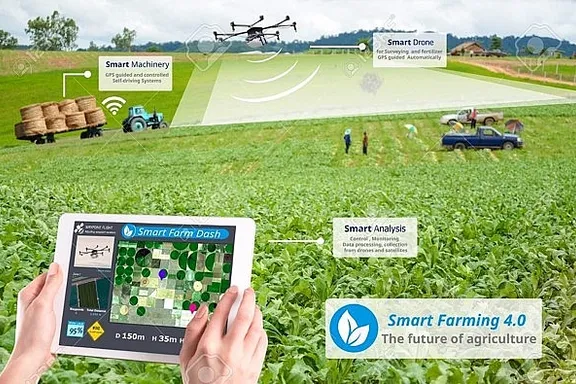 a person holding a tablet in front of a field