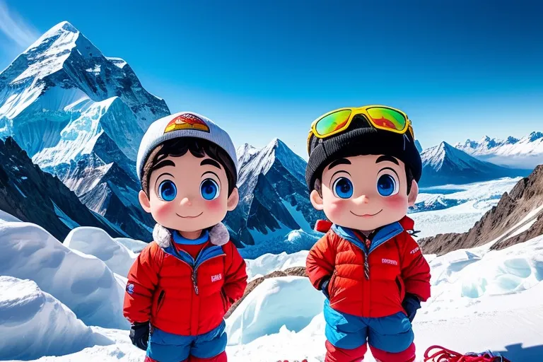 a couple of kids standing on top of a snow covered slope