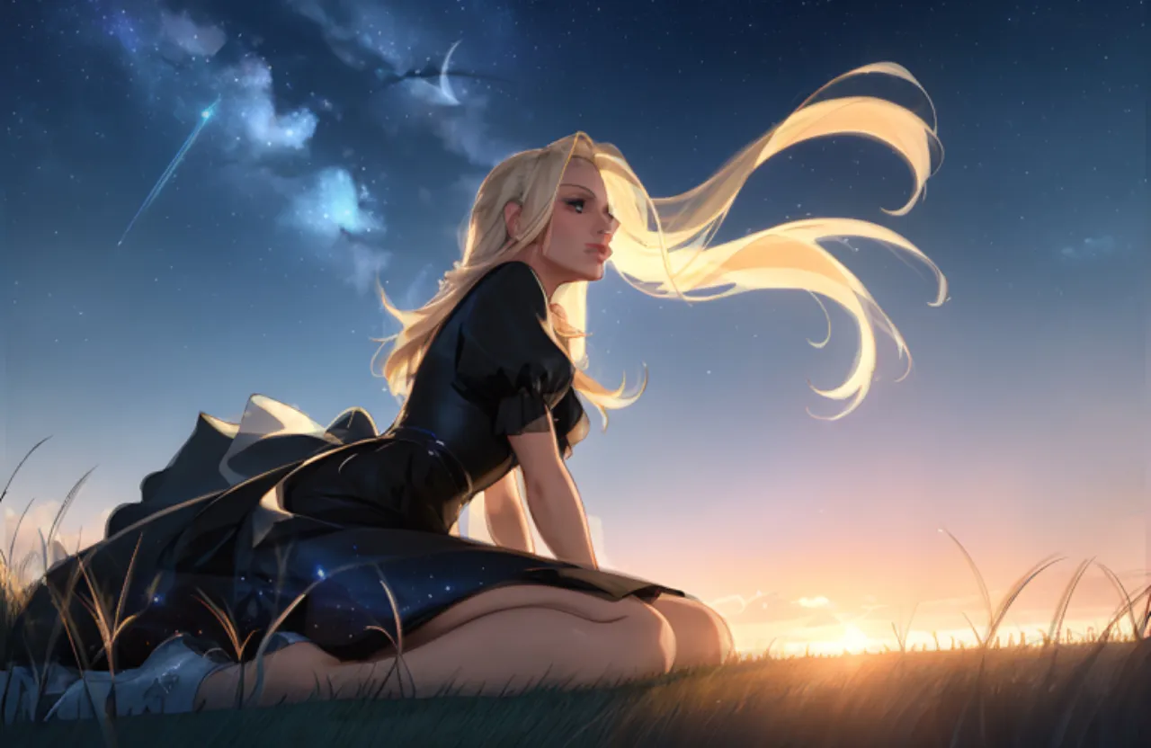 “Highly detailed and ultra realistic Britney Spears with beautiful blonde hair waving and blowing in the wind, sitting on the ground in a field under a perfect night sky with clouds and amazing colors”