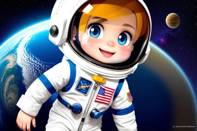 a little boy in a space suit standing in front of a planet