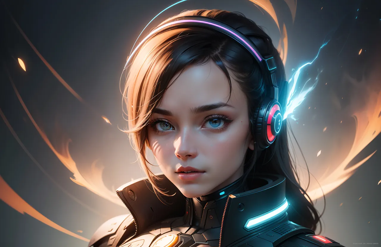 a woman with headphones and a futuristic suit