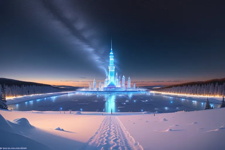 a snowy landscape with a building lit up at night