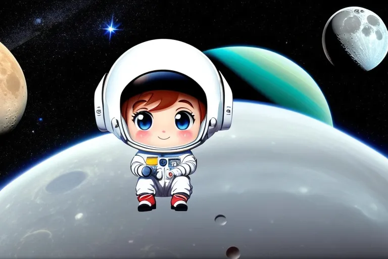 a little boy in a space suit floating in front of a planet