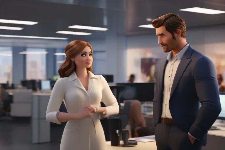 a man and a woman standing in an office. The man is giving instructions to the woman