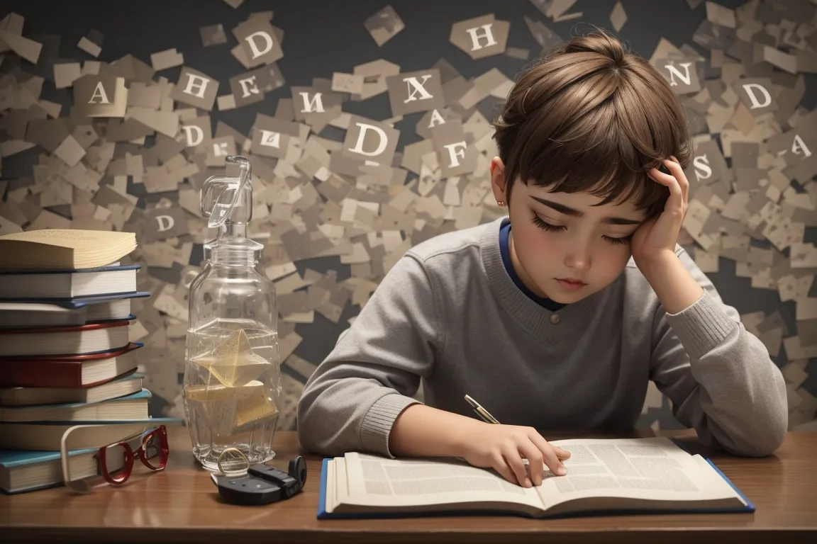 a young boy sitting at a desk with a book and pen in front of him