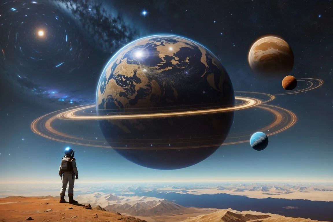 an artist's rendering of a man in a space suit looking at the planets