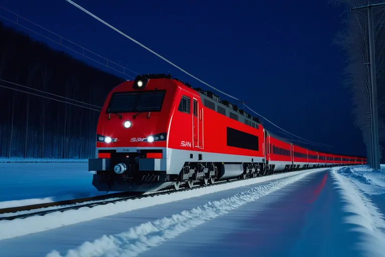 a red train traveling down train tracks at night